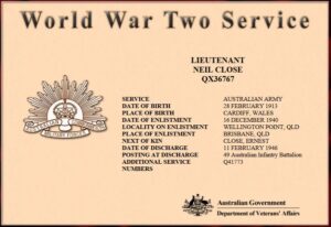 Australian WW2 Military Service Certificate for Neil Close (1913) 
